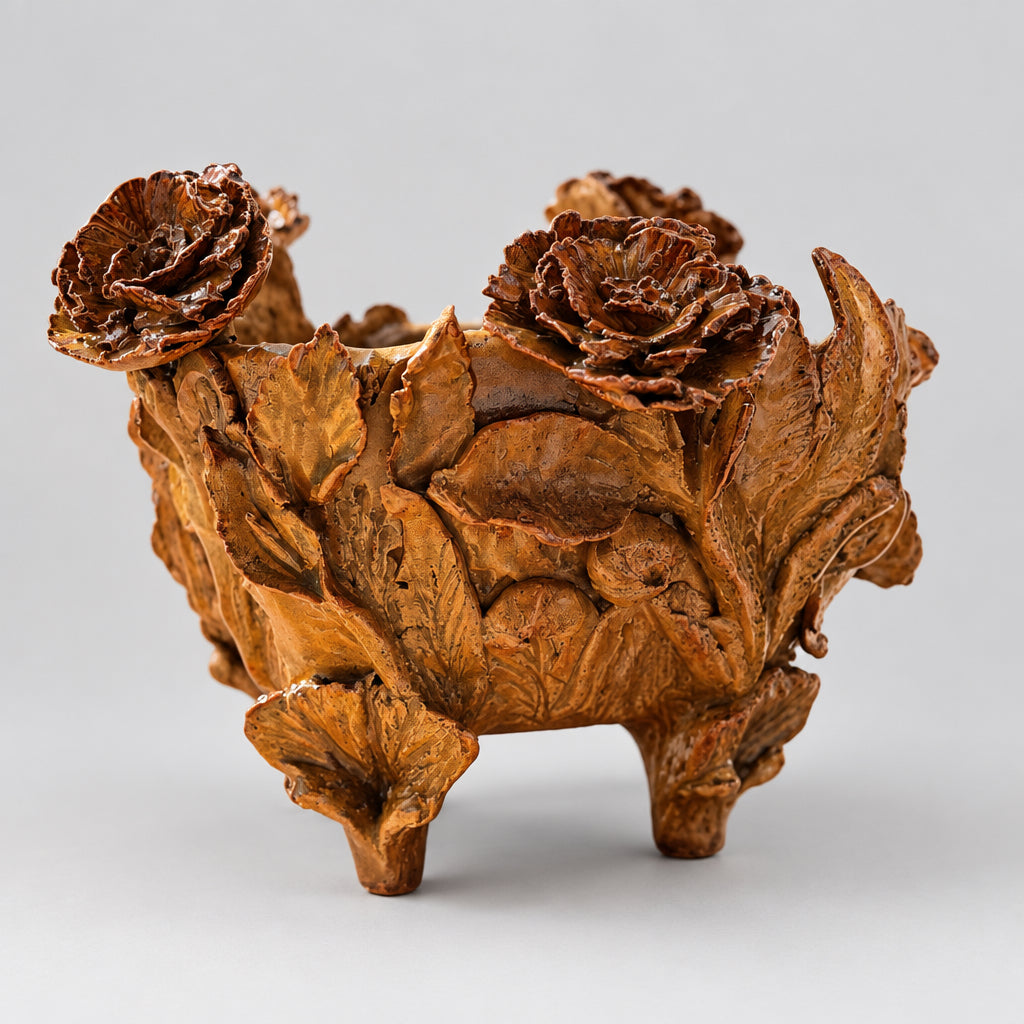A small sculptural ceramic pot with a textured, organic, leaf-like form in earthy brown and terracotta tones, shown on a wooden surface with a blurred window background.