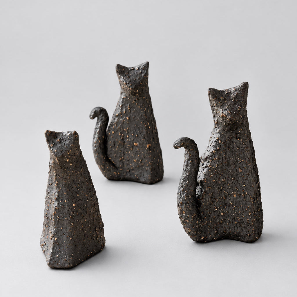 Three small black cat figurines with a textured, rustic finish, made of black clay.