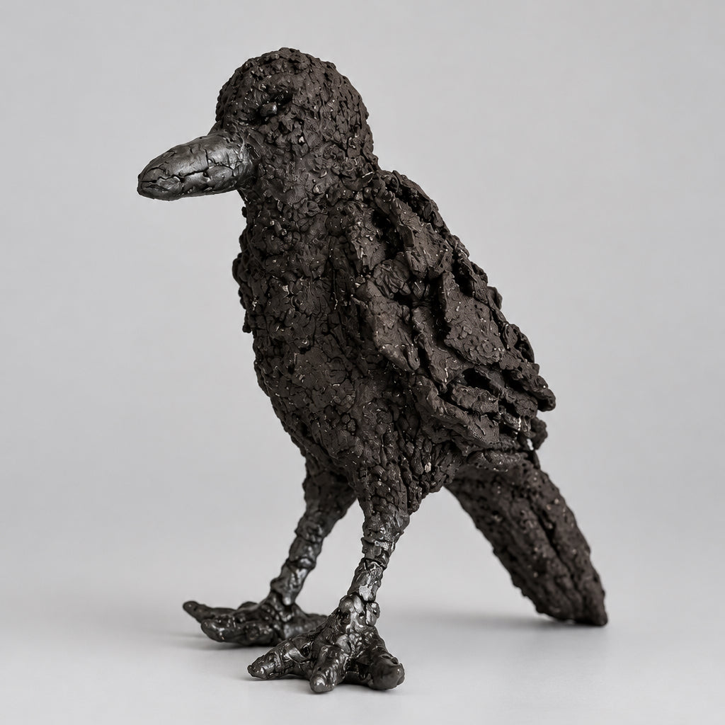 A small raven figurine with textured dark black feathers and metallic silver-gray beak, legs, and feet, made out of black clay.